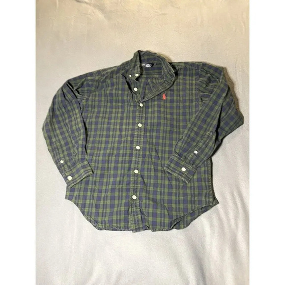 Ralph Lauren Boys/Youth Medium‎ Green Blue Tartan Plaid Long Sleeve Button Down - Picture 1 of 6